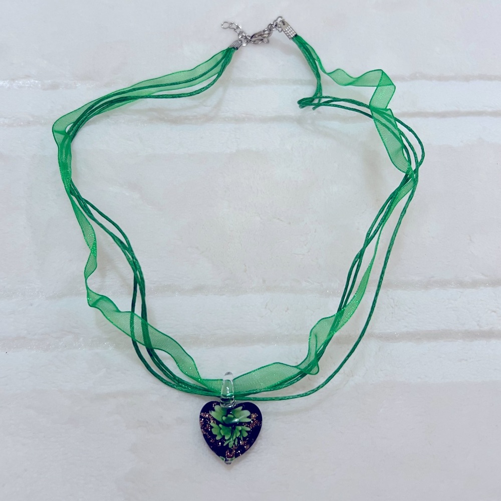 Glass Heart Green Flower Blossom Pendant Necklace on Green Ribbon Cord